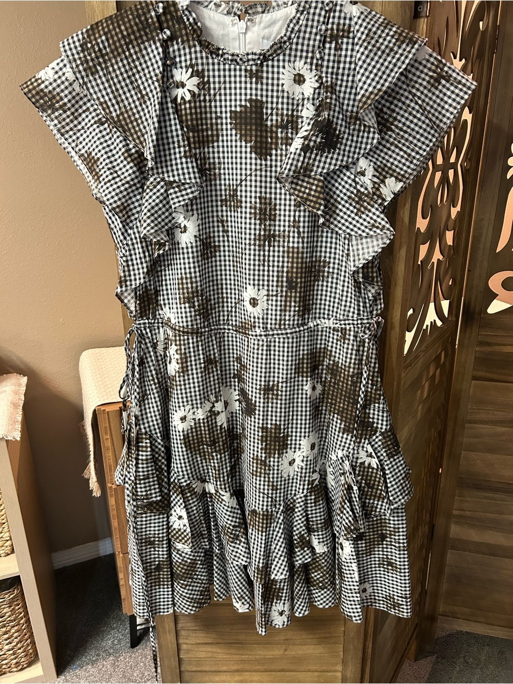 Pearl by Lela Rose Floral Voile Camel Flutter Sleeve Gingham Dress Size XS NWT